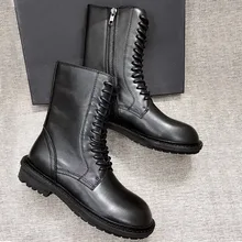 Rimocy Spring Womens Cow Leather Ankle Boots Dark Style Streetwear High Top Platform Block Heel Biker Boots Ladies Shoes