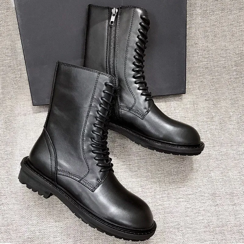 

Rimocy 2020 Spring Womens Cow Leather Ankle Boots Dark Style Streetwear High Top Platform Block Heel Biker Boots Ladies Shoes