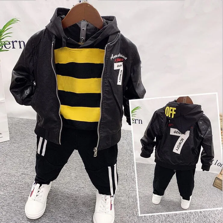 

Boys Clothing Sets Kids Embroidered Faux Leather Coat +Hoodie+Pants For Boys 3pcs Sets Kids Clothes Children Tracksuit 2-6Year