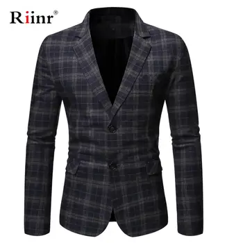 

Riinr 2019 Autumn New Arrival Blazer Men Slim Button Suit Plaid Turn-down Collor Tops Men Blazer Hombre Plus Size 3XL