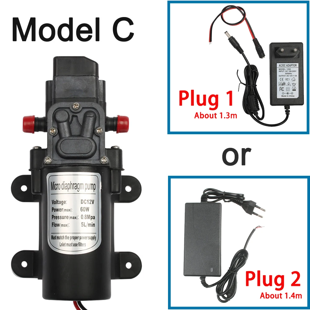 C and adaptor DC 12 В 60 Вт микро электрический мембранный Водяной насос автоматический переключатель 5л/мин высокое давление Автомойка Спрей Водяной насос 0.8мпа 5л/мин - Напряжение: C and adaptor