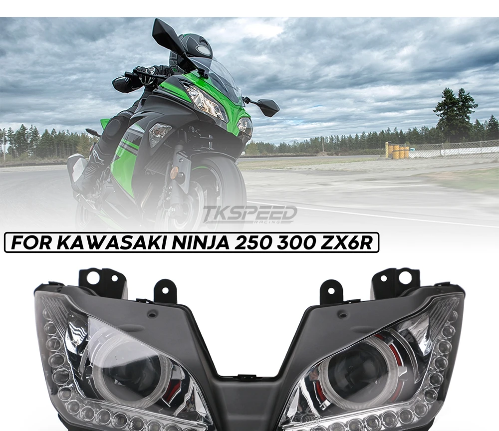 Мотоциклетный головной светильник для Kawasaki NINJA250 300 ZX6R ZX 6R NINJA250 NINJA300 мотоциклетный головной светильник в сборе Ангел глаз светильник
