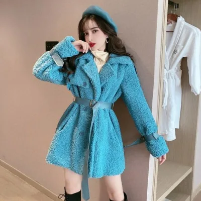 Lake Blue Пальто из искусственного меха женское двубортное модное свободное меховое пальто толстое теплое зимнее пальто из искусственной овечьей шерсти женская меховая куртка с поясом - Цвет: Lake Blue