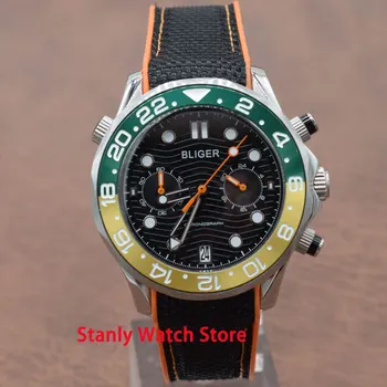 

Sapphire Bliger 41mm black dial alloy rotating bezel luminous marks rubber strap chronograph quartz movement men's wrist watches