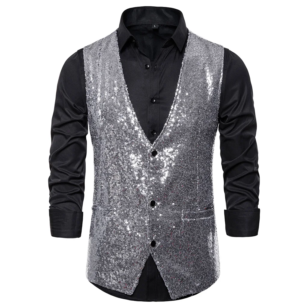 Adisputent Autumn Men Sequin Blazers Vest Gliter Suit Vest Nightclub DJ Stage Shiny Gold Sequin Bling Glitter Vest S-XXL - Цвет: gray