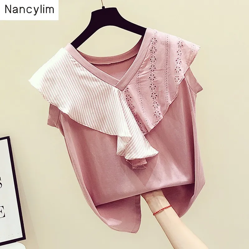 

2019 Summer New Women Sleeveless Tshirt Temperament Striped Lace Ruffled Stitching V-neck Vest Women's Casual Tees Tops Student