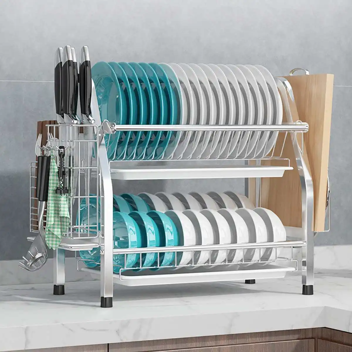 

Kitchen 2/3 Tiers Dishes Drying Rack with Water Tray Cutting Board Drainer Countertop Utensils Organizer Storage Holder Racks