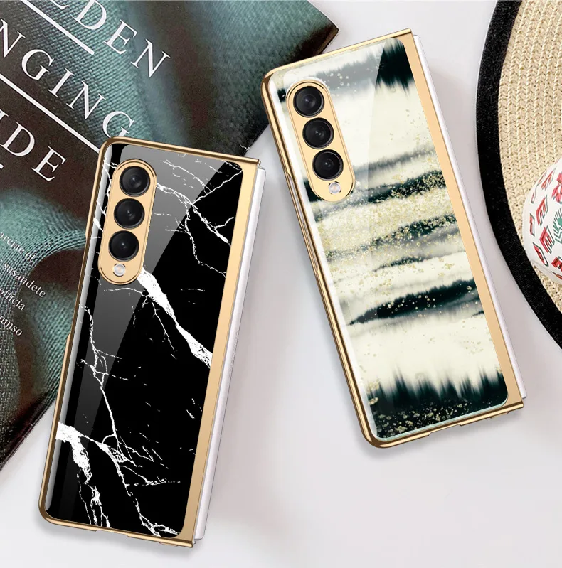 Hard Phone Cover For Samsung Galaxy Z Fold 3 5G Case Plating Glass Marble Pattern Precise Hole New Shockproof Protective Fundas kawaii phone case samsung