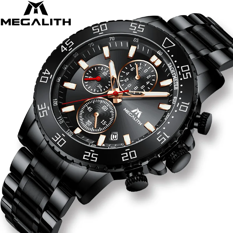 

MEGALITH Top Brand Waterproof Sport Watch Man Stainless Steel Men Wathes Date Quartz Wristwatches For Man Relogio Masculino 8087