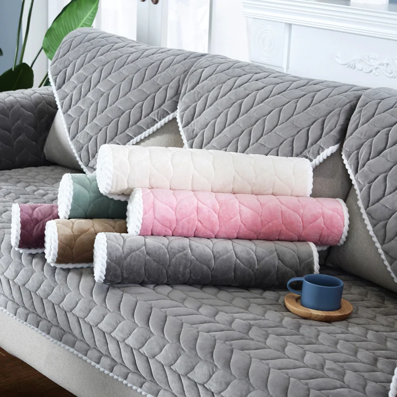 Thick plush edging sofa cover solid color non-slip filling cushion backrest towel furniture protection cover for living room 2