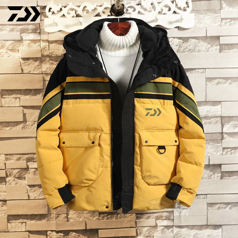 New Daiwa Fishing Jacket Men's Winter Jacket Thermal Patchwork Hooded Fishing Clothing Big Pocket Men Outdoor Clothing