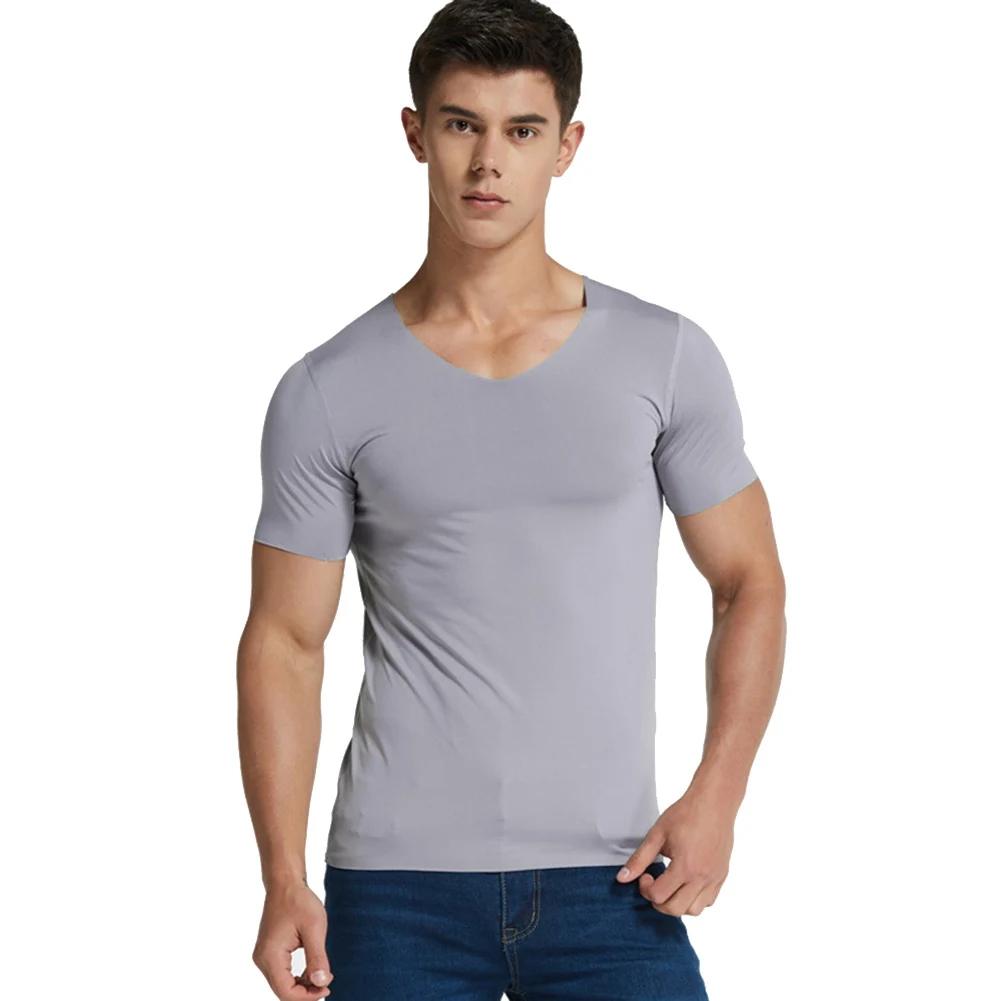 Gray Men Ice Silk Quick Dry T-shirt Short Sleeve V Neck Solid Color Seamless Breathable Top ENA88 - Цвет: Gray