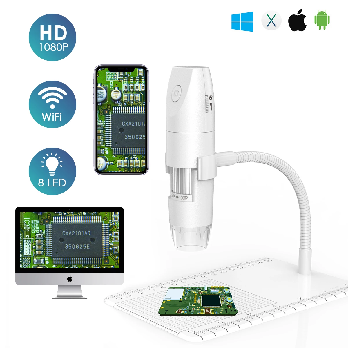 Microscopio Digital inalámbrico con WiFi y USB, 1080P, portátil, con soporte para brazo y Cable USB, ajustable, 50X-1000X