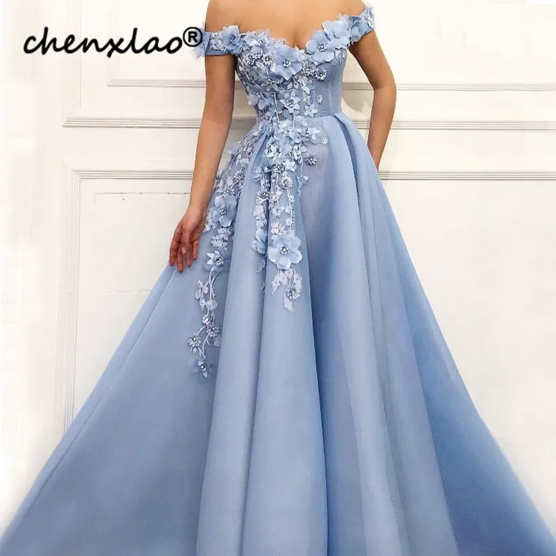 Sky Blue Evening Dress 3D Flower Evening Dresses Long Muslim Style Evening Party Dress Formal Gowns Vestido de festa Longo