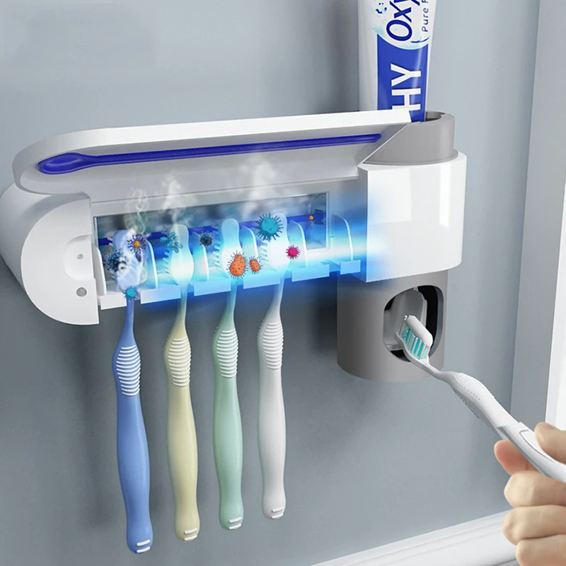 

2 in 1 UV Light Ultraviolet Toothbrush Sterilizer Toothbrush Holder Automatic Toothpaste Squeezers Dispenser Home Bathroom Set