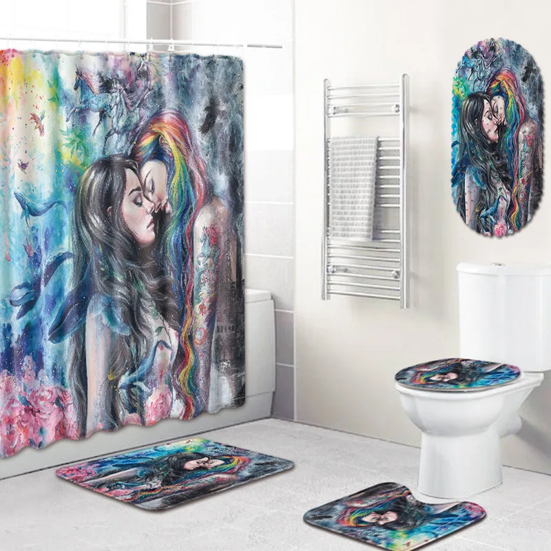 

5Pcs/set Bathroom Mat Set Toilet Rug Female Pattern Shower Curtain Anti Slip Bath Mat Rugs Home Decor Bathroom Products