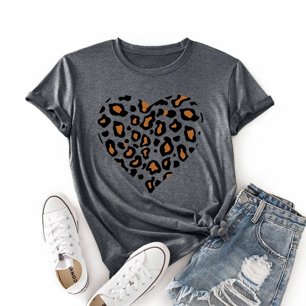 Leopard Love Heart Print Women Couple Love T Shirt Fashion Harajuku Colored Cotton Graphic Tees Shirt Femme Unisex Clothes for Summer