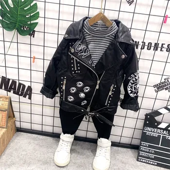 

boys Autumn sets baby boys Super cool motorcycle jacket kids Leather jacket + T-shirt + jeans 3PCS boys suit children clothing