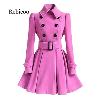 

Winter women's woolen coat windbreaker multicolor belt bandage shirt white wool blend dress coat thick ladies shirt XL