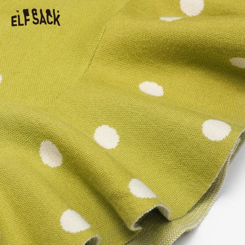 ELFSACK, разноцветное одноцветное платье в горошек, Повседневное платье для женщин, зима, корейский стиль, волан, длинный рукав, офисные женские Базовые платья