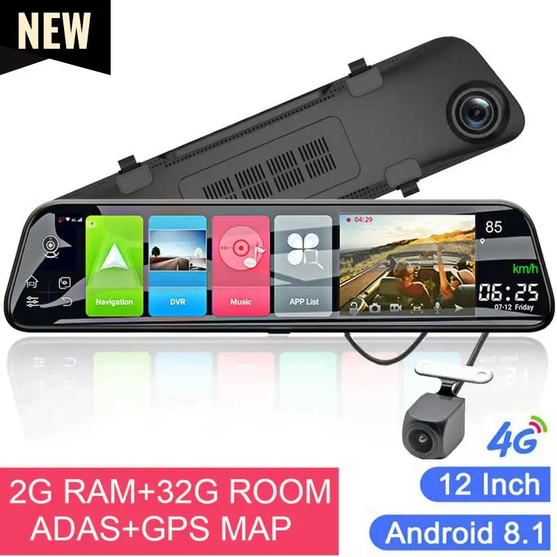 

Latest 12 Inch 4G Android 8.1 Car Dvr Rearview Mirror Dash Cam GPS Navigation Mirror Dashcam Wifi ADAS Vehicle Driving Camera