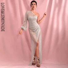LOVE&LEMONADE, Сексуальный Топ без бретелек, серебряное клетчатое платье с наклеенными блестками, с рукавом-фонариком, длинное платье LM82176