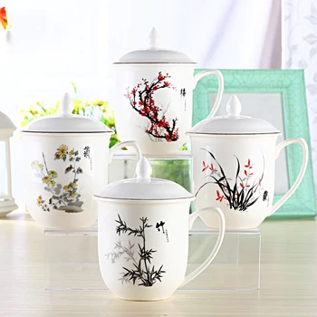 

Meilan Bamboo Chrysanthemum Ceramic Tea Cup with Cover Office Meeting Cup Household Water Cup 4 Cups
