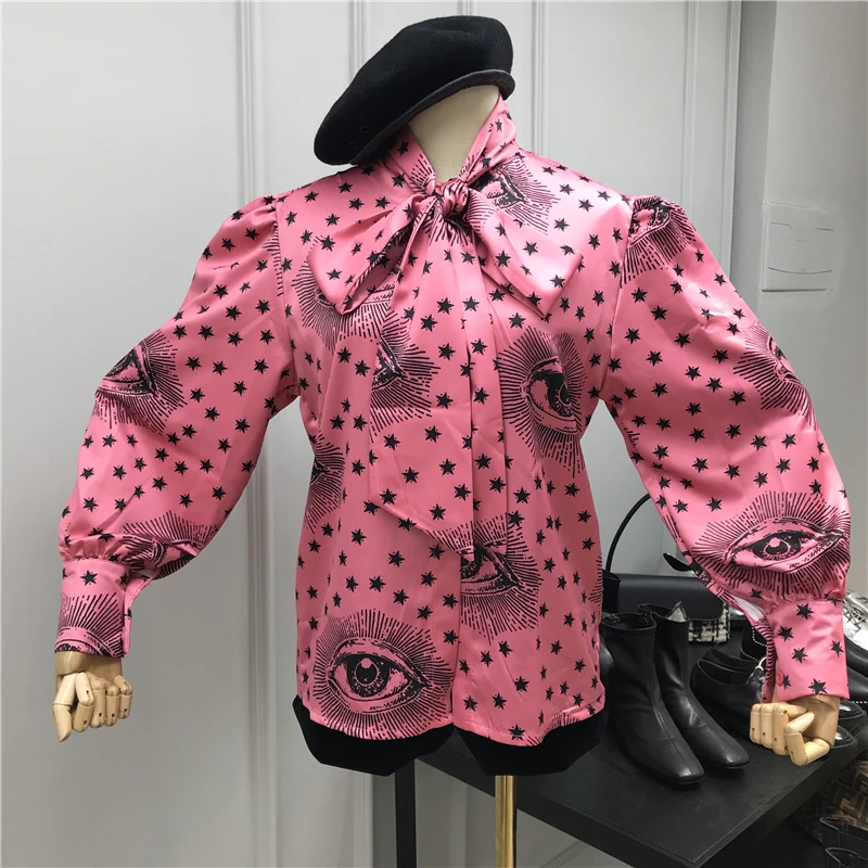 Дизайнерская рубашка, весна-осень, с принтом, с бантом, на шнуровке, с рукавом-фонариком, для женщин, модная, элегантная, для офиса, для девушек, розовая рубашка