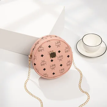 

2020 fashion trend ladies cute geometric pattern printed shoulder bag hardware chain strap messenger handbag round zipper messen