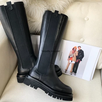 

Patchwork Stretch Fabric Slip-on Black Autumn New Genuine Leather Boots Women Boots Knee High Boots Thin Thick Bottom Knee Boots