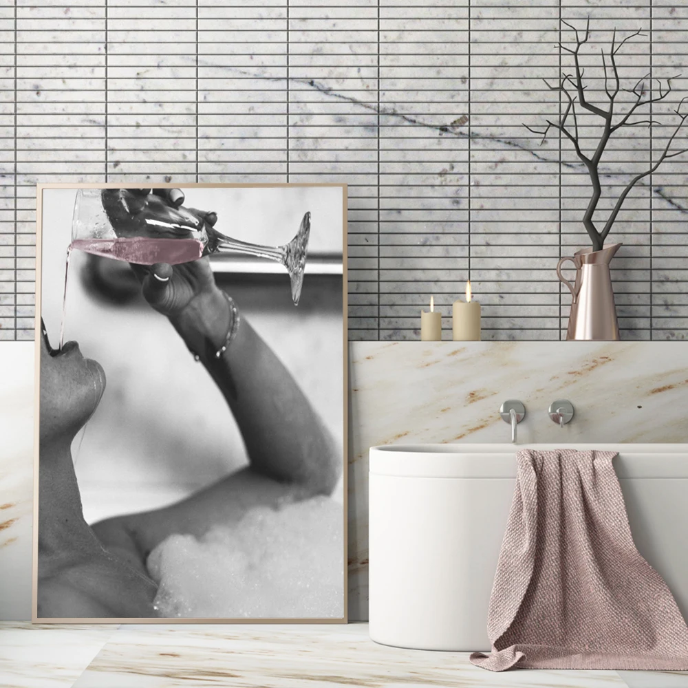Fashion-Woman-Drinking-Rose-Champagne-In-Bubble-Bath-Canvas-Prints-Modern-Painting-on-The-Wall-Picture