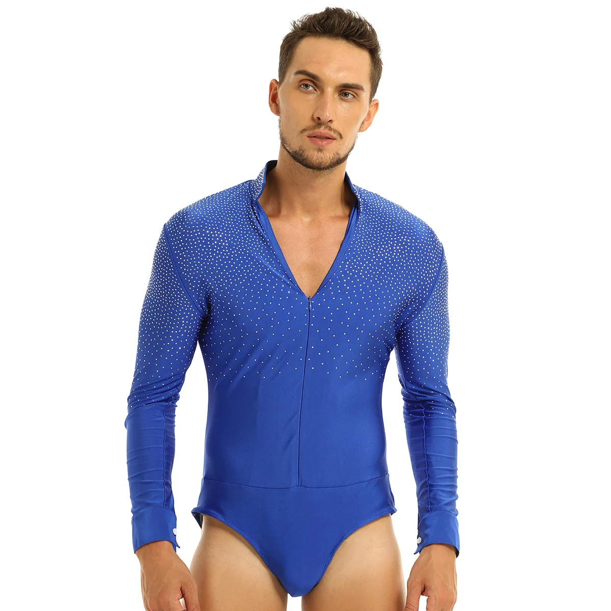 Men Shirts Shiny Rhinestones Stand Collar Ballroom Costumes Dancewear Latin Tango Rumba Dance Shirt Leotard Bodysuit Shirt Tops white short sleeve shirt