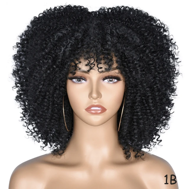 Short Hair Afro Kinky Curly Wig With Bangs Loose Synthetic Cosplay Fluffy Natural Wigs For Black Women Dark Brown 10