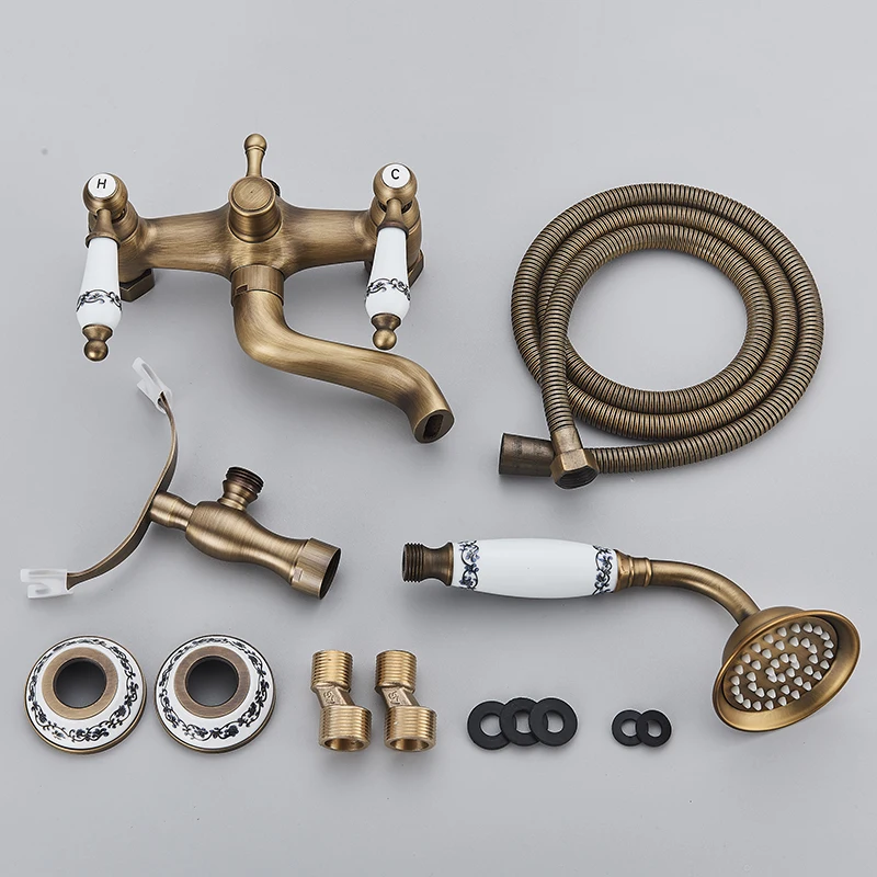 Bathroom Faucet Bathroom Shower Faucet Set Suguword Telephone Shape Bathroom Bathtub Shower Faucet Set Antique Brass Hot and Cold Water Mixer Tap Vintage Style