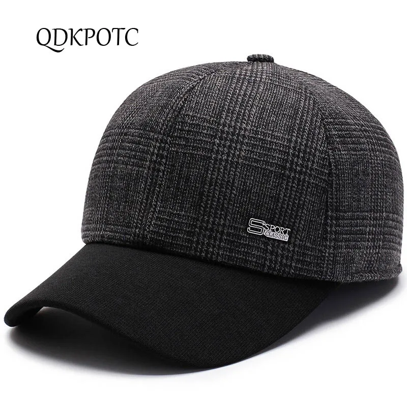 Черный QDKPOTC новая осенне-зимняя мужская клетчатая уличные бейсболки защита ушей от холода шляпа среднего возраста путешествия папа Кепка - Цвет: Черный