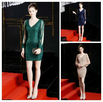 

BGW Sequined Evening Dress 2020 Tassel Sleeves Vestidos De Fiesta De Noche Sexy V Neck Six Color Women Dress Zipper Back