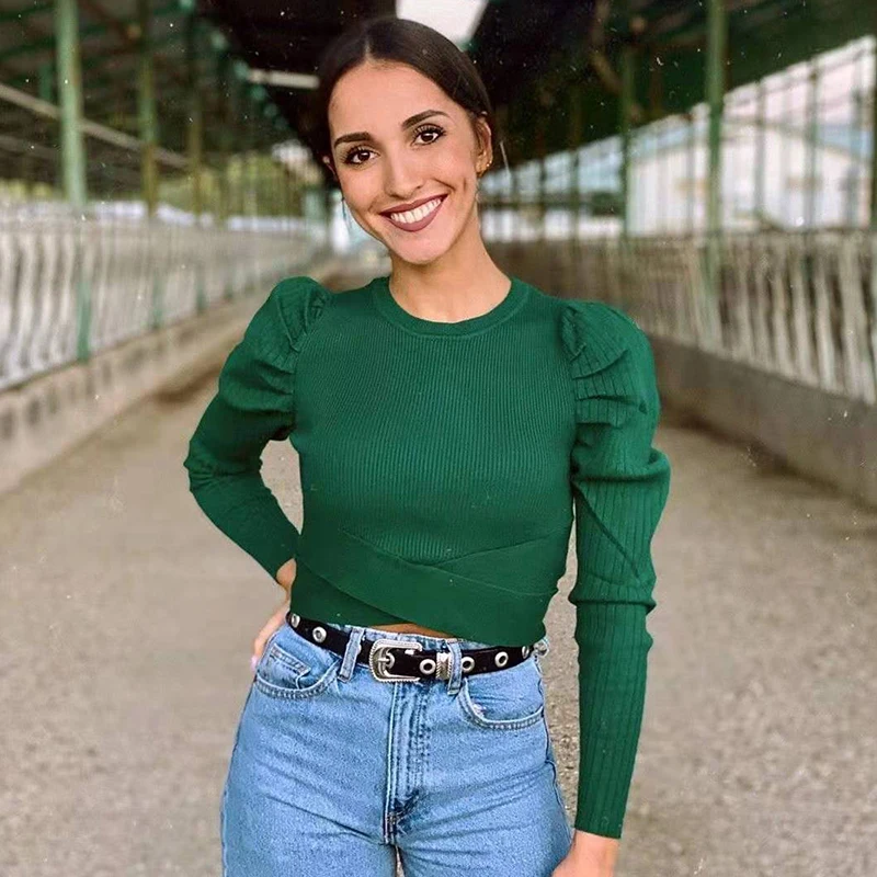 Vintage puff sleeve green sweater women pullovers knitted slim streetwear crop pullover autumn winter retro soft jumper | Женская одежда