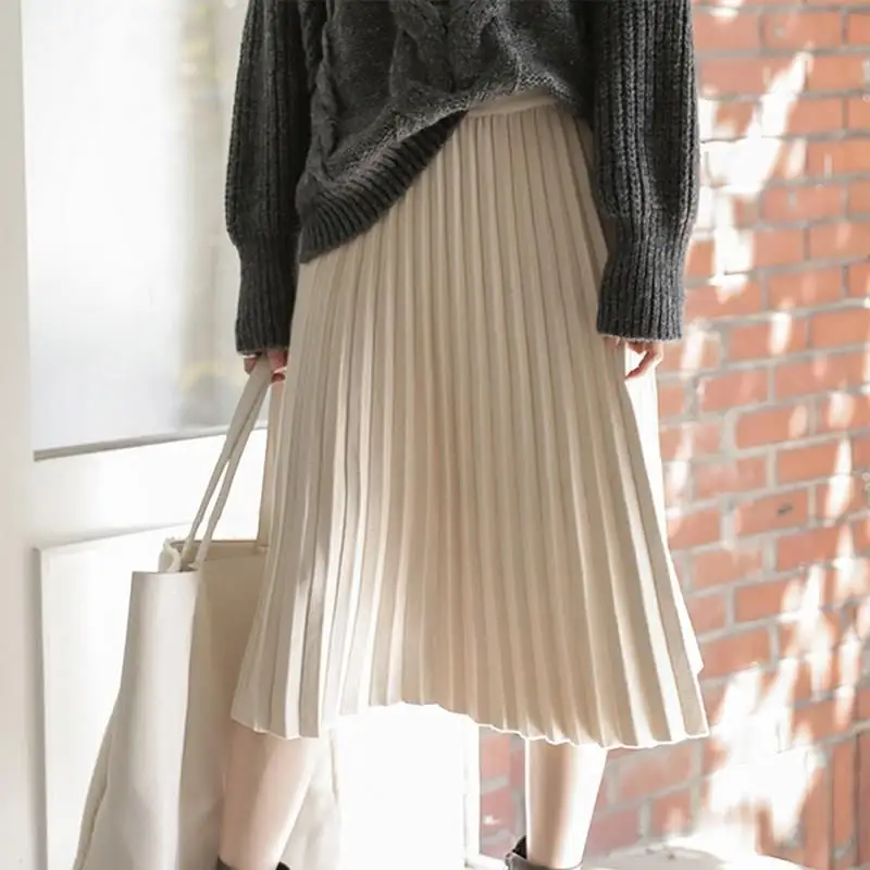 Элегантная плиссированная юбка миди для женщин, осенняя зимняя Корейская трапециевидная Юбка До Колена, однотонная трикотажная юбка с завышенной талией