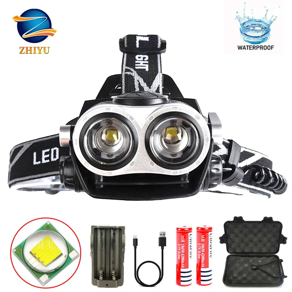 

ZHIYU T6 LED Headlamp 2*T6 Zoomable Focus LED Headlight torch Head Lamp USB Rechargeable Lantern FlashLight Use 2* 18650 Battery