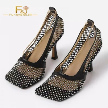 

Fashion Black Nets Chain Women Sandals Shiny Rhinestone Heels Stiletto Heel Square Toe Women Pumps Party Shoes Summer Big Size16