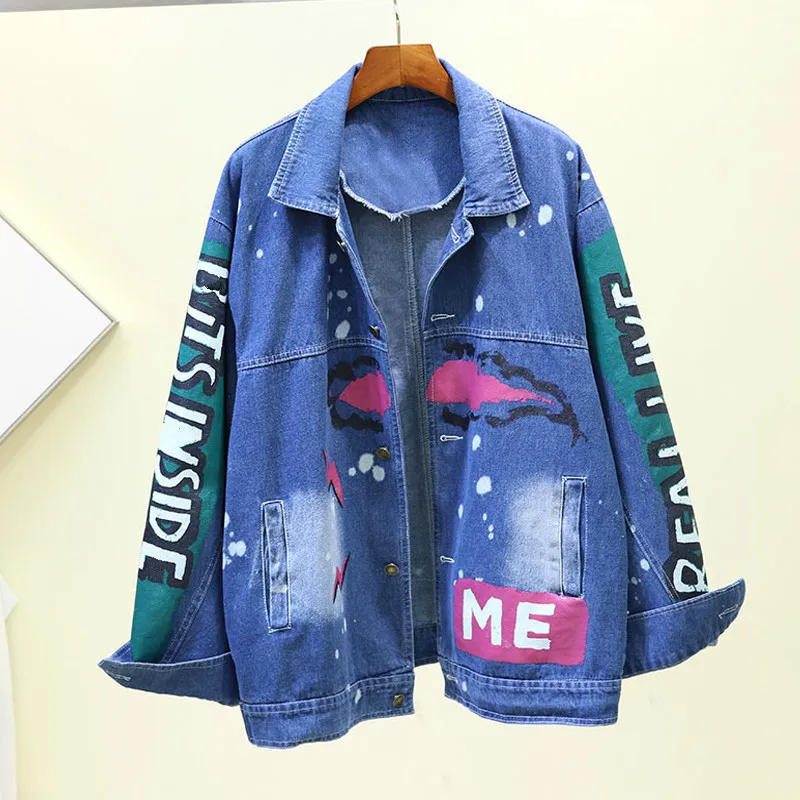 

Harajuku Style Denim Jacket for Women 2020 Autumn Street New Cartoon Sequins Loose Large Size Bf Graffiti Jeans Jacket Coat