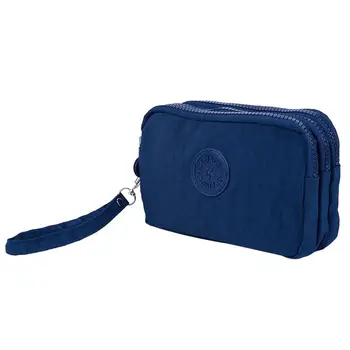 

Women Small Wallet Washer Wrinkle Fabric Phone Purse Three Zippers Portable Make Up bag Dark Blue