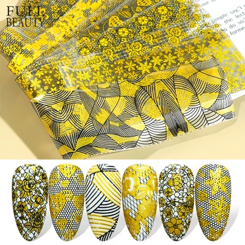

10pc Dazzling Gold Flower Sticker on Nails Holographic Nail Foil Set Transfer Black Mesh Adhesive Nail Decoration Design CH1554