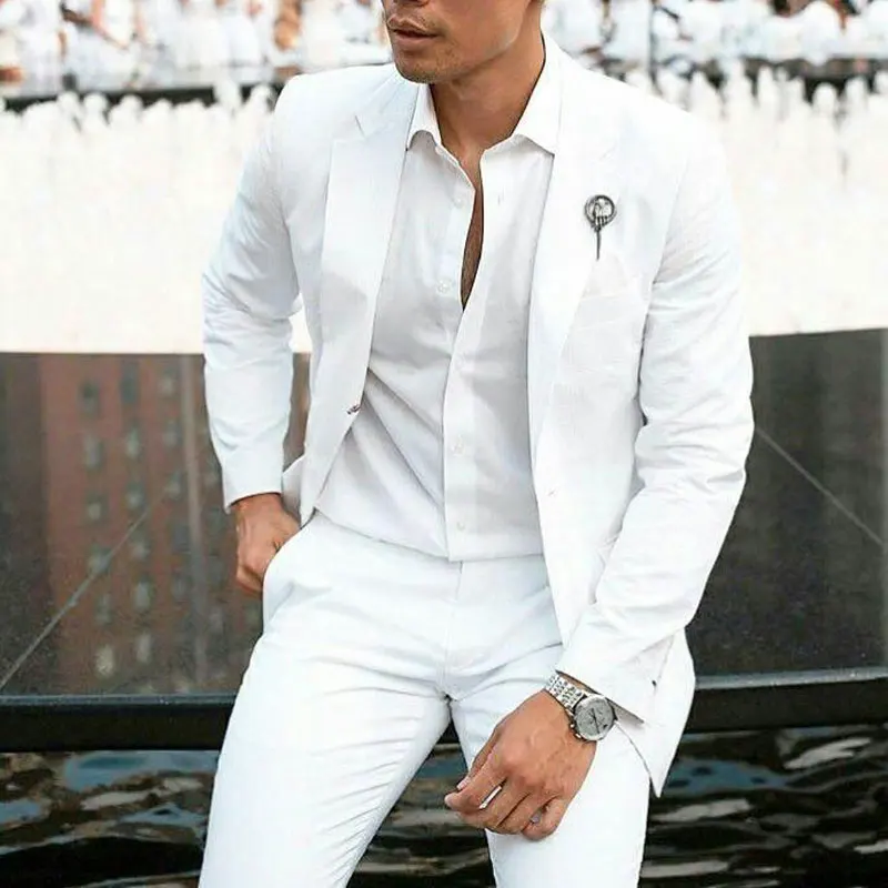 Men Ivory Summer Linen Suit Blazer Groom Tuxedos Formal Wedding Suit Custom 