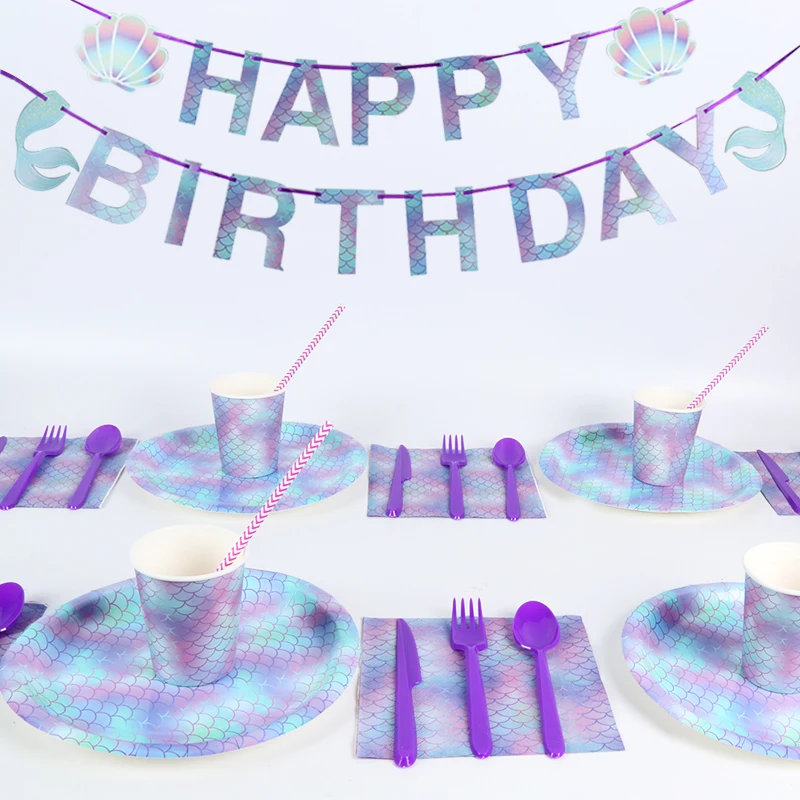 Вечерние бумажные стаканчики в виде русалки для девочек на день рождения, товары для вечеринок, хвост русалки, ракушка, Морская звезда, воздушный шар, топпер для торта