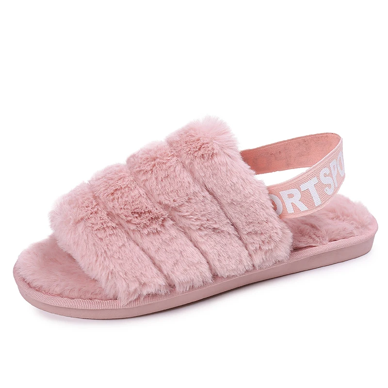 Pink Зимние пушистые тапочки; женские домашние тапочки из искусственного меха; женские шлепанцы; домашняя обувь; сандалии на плоской подошве; Pantoffels Dames zapatos mujer - Цвет: Pink