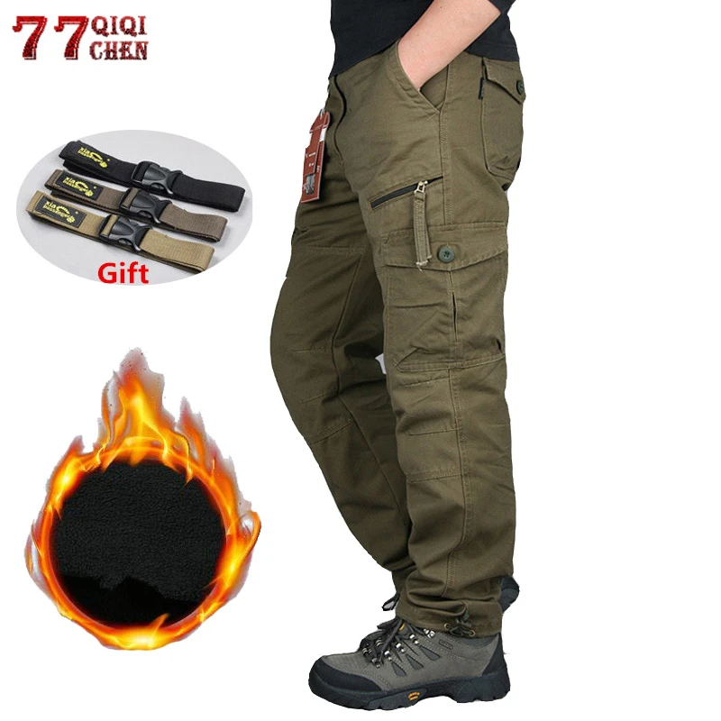 

Men Winter Thick Warm Cargo Pants Cotton Fleece Joggers Trousers Combat Overalls Male Multi Pockets Loose Baggy Military Pants
