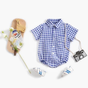 

.Baby Bodysuit baby clothe sSummer plaid 100% cotton male baby Short-sleeved shirt jumpsuit baby romper newborn o