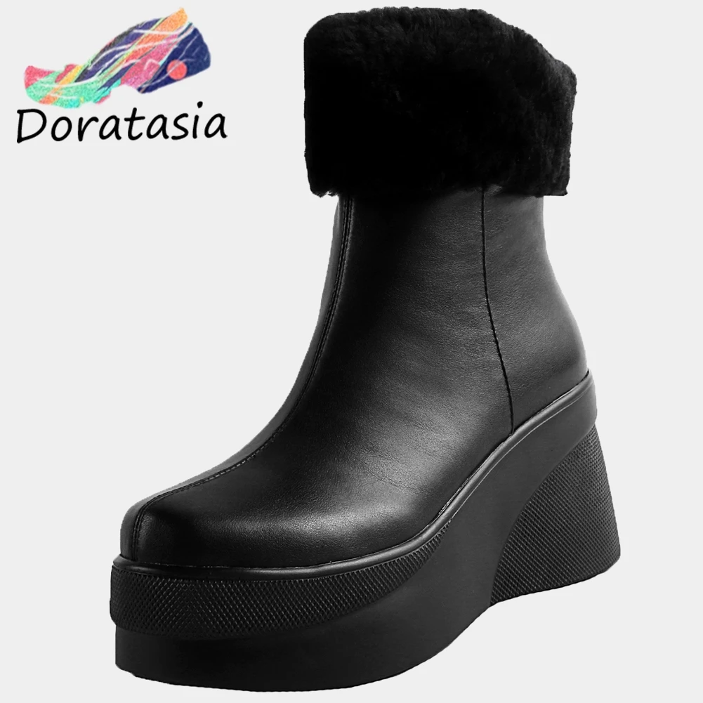 

DORATASIA New Winter Warm Wedges Fur Boots Ladies Genuine Leather Ankle Snow Boots Women 2020 High Platform Shoes Woman