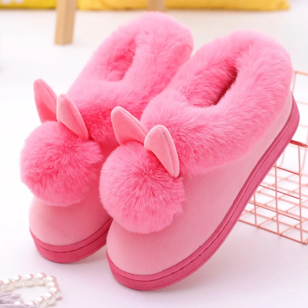 

Cute plush Furry rabbit ears indoor cotton slippers Solid color flat comfortable Keep warm slippers Soft Home Slippers Shoe #T
